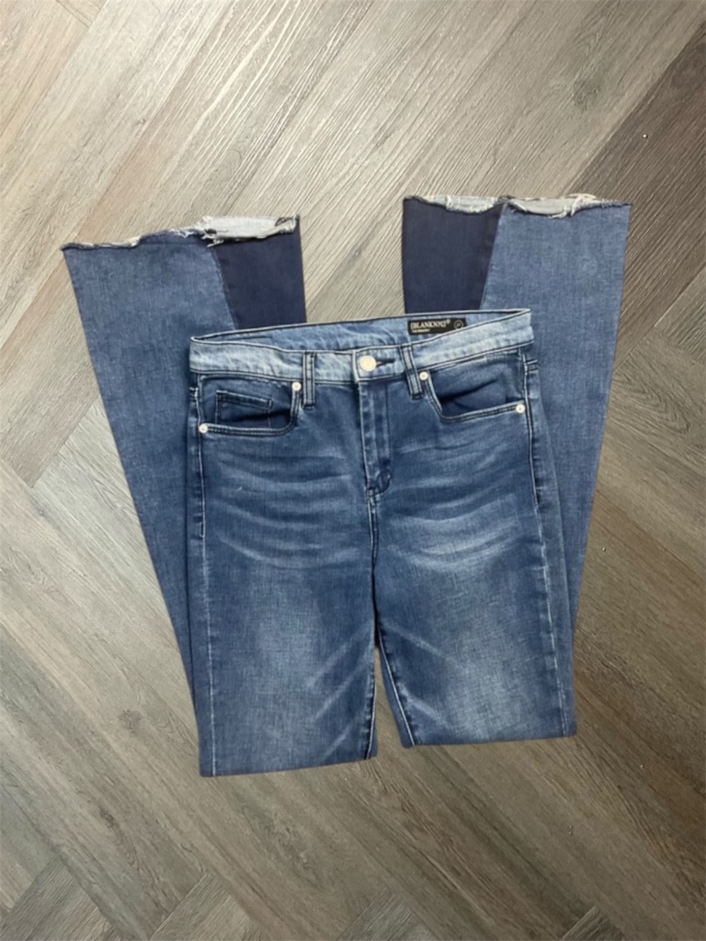 BLANKNYC The Waverly High‎ Rise Flare Colorblock Raw Hem Jeans Womens 27 Blue